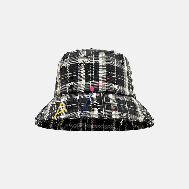 Hat Plaid Distressed Bucket