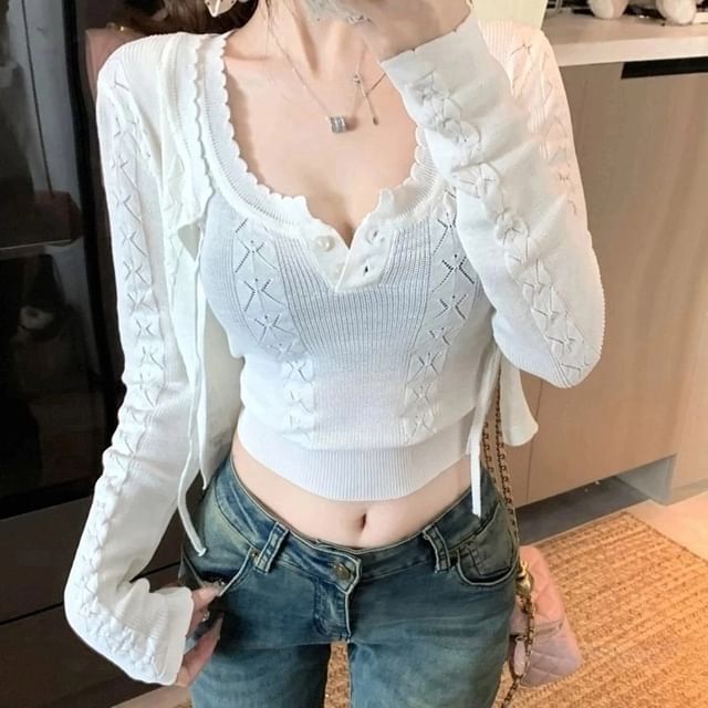 Sleeveless Cable Cardigan Top Plain Neck Set: Knit Crop + Scoop