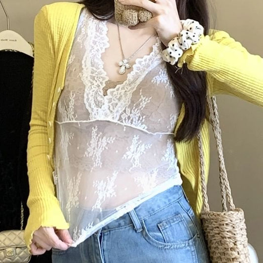 Top Scoop Ruffle Neck Lace Cardigan Trim Camisole V-Neck / Plain