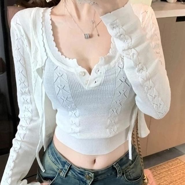 Sleeveless Cable Cardigan Top Plain Neck Set: Knit Crop + Scoop