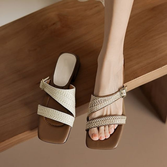 Sandals Low Strap Square Toe Woven Heel