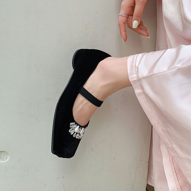 Pumps Square Velvet Low Toe Rhinestone Heel