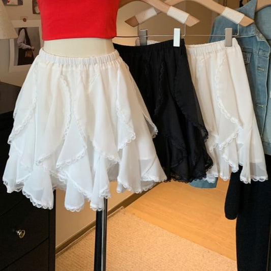 Lace A-Line Ruffle Skirt Trim High Mini Waist Plain