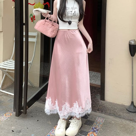 A-Line Skirt Lace Satin Panel High Midi Rise