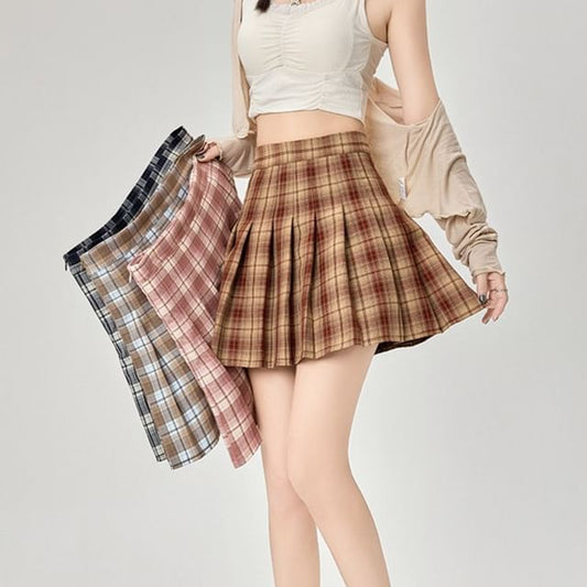 Plaid Rise Mini Skirt High A-Line Pleated