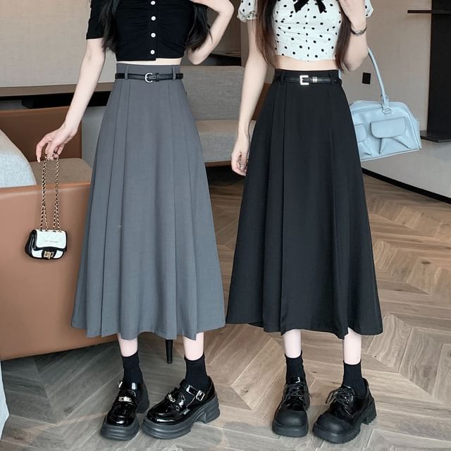 Rise Midi Plain A-Line Pleated Skirt High