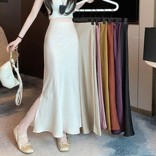 Plain Satin Skirt Fishtail High Rise Slit Maxi