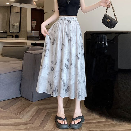 Butterfly High A-Line Skirt Midi Print Rise