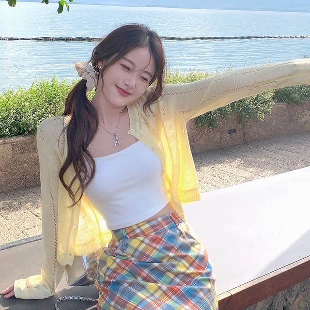 Neck Plain Crew Cardigan Button-Up Perforated Crop