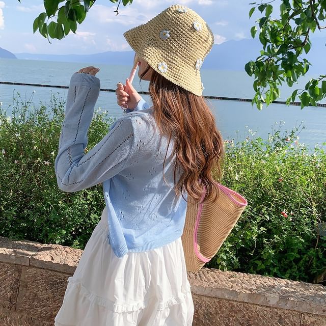 Neck Plain Crew Cardigan Button-Up Perforated Crop