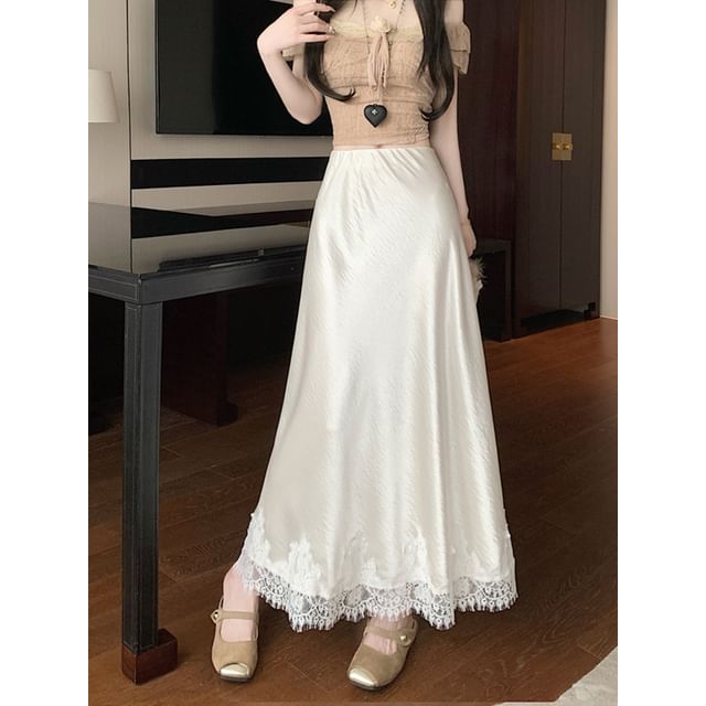 A-Line Skirt Lace Satin Panel High Midi Rise