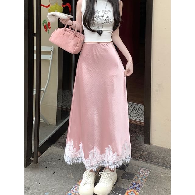 A-Line Skirt Lace Satin Panel High Midi Rise
