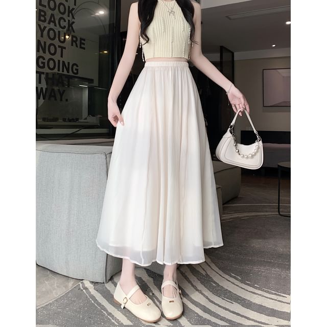 Mesh High Plain Rise A-Line Skirt Midi