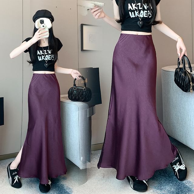 Plain Satin Skirt Fishtail High Rise Slit Maxi