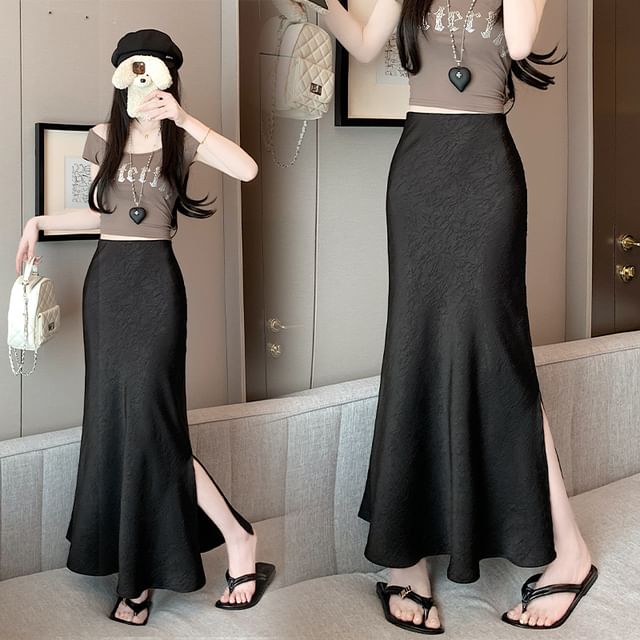 Plain Satin Skirt Fishtail High Rise Slit Maxi