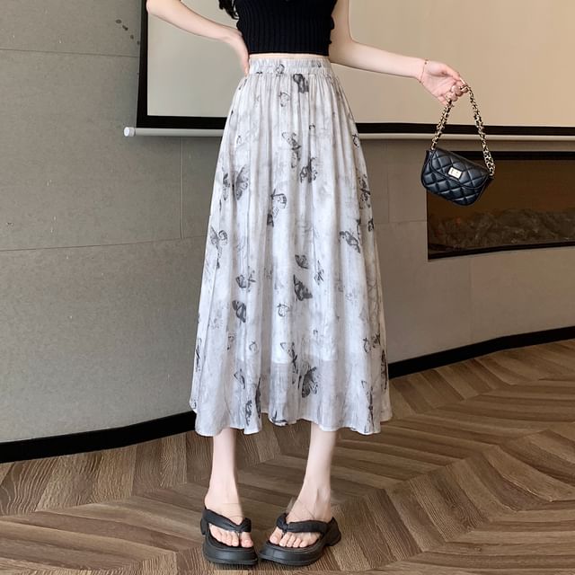Butterfly High A-Line Skirt Midi Print Rise