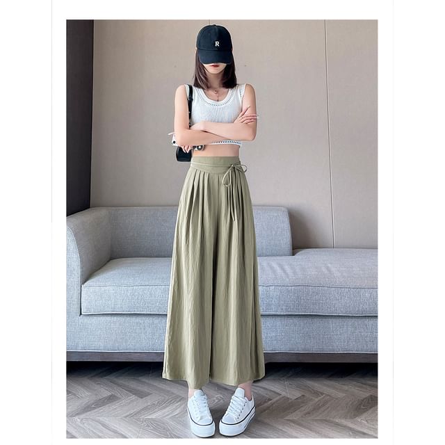 Plain Cropped High Culottes Waist Pleated