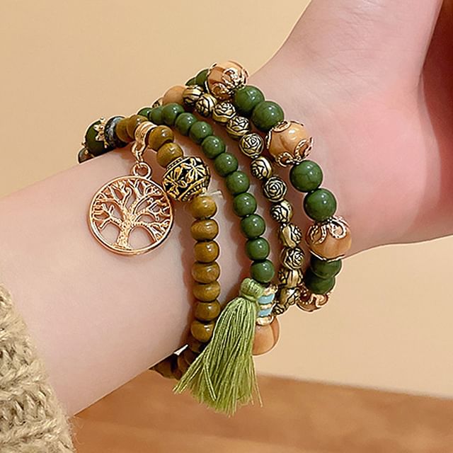 Bead Faux Tassel Set Bracelet Wooden (Various / Gemstone Designs)