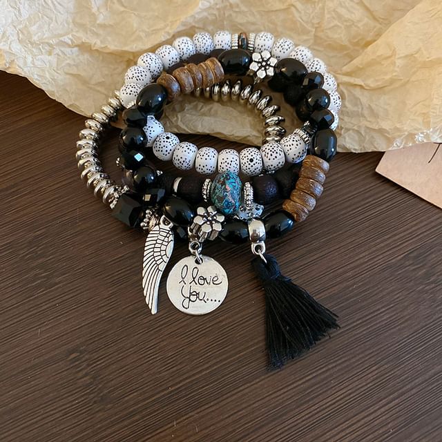 Bead Faux Tassel Set Bracelet Wooden (Various / Gemstone Designs)