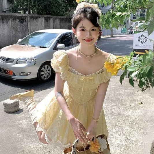 Sleeve Bow Neck Lace Short Panel Square Ruffle A-Line Dress Mini