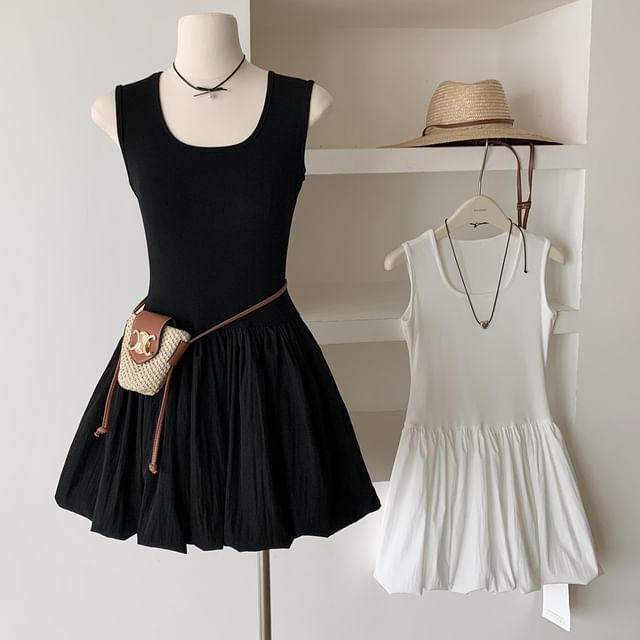 Ribbed Mini Plain Neck Scoop Sleeveless A-Line Dress