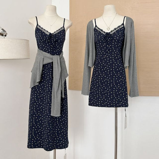 A-Line Set: Dress Trim + V-Neck Cardigan Floral Print Designs) Spaghetti Front Strap Lace Open Plain (Various