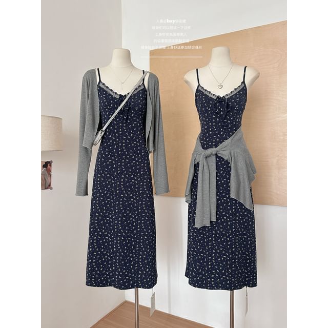 A-Line Set: Dress Trim + V-Neck Cardigan Floral Print Designs) Spaghetti Front Strap Lace Open Plain (Various