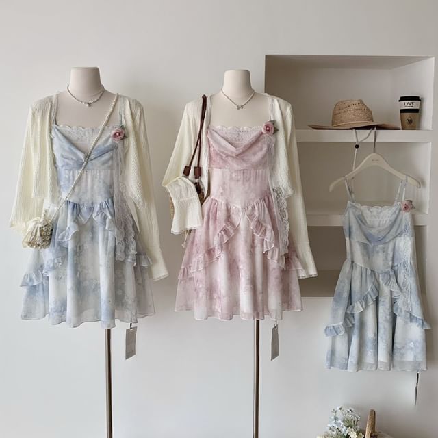 Dress Cardigan Mini + Strap Floral Plain A-Line Set: Print Spaghetti