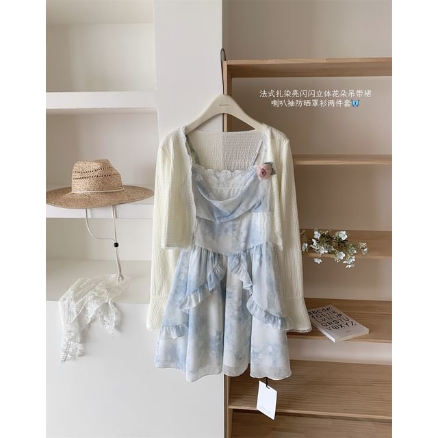 Dress Cardigan Mini + Strap Floral Plain A-Line Set: Print Spaghetti