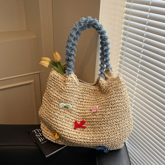 Tassel Strap Woven Tote Bag Bow