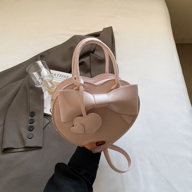 Bow Bag Faux Handle Top Heart Crossbody Leather