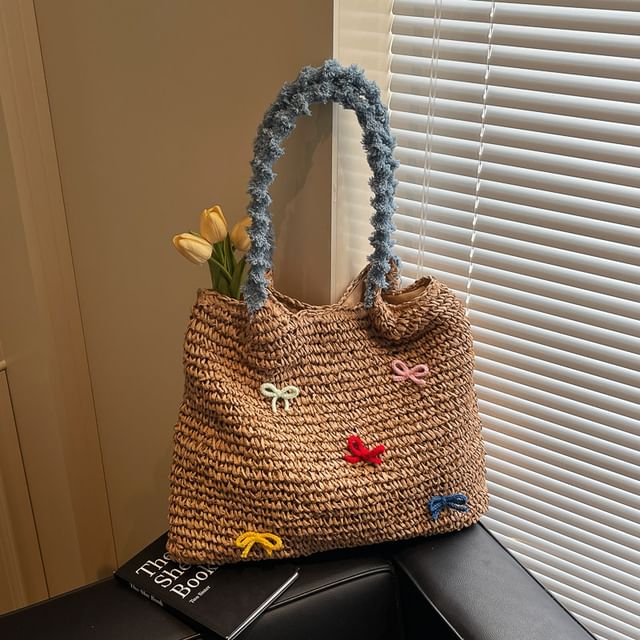 Tassel Strap Woven Tote Bag Bow