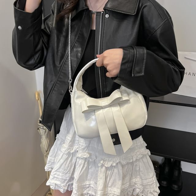 Faux Crossbody Accent Leather Bag Plain Bow Strap Chain