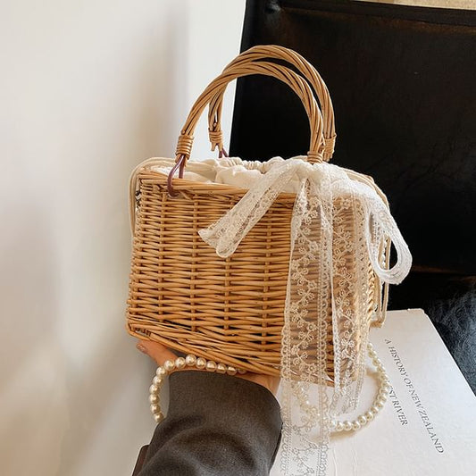 + Crossbody Faux Pearl Drawstring Bag Straw Set: Strap Scarf