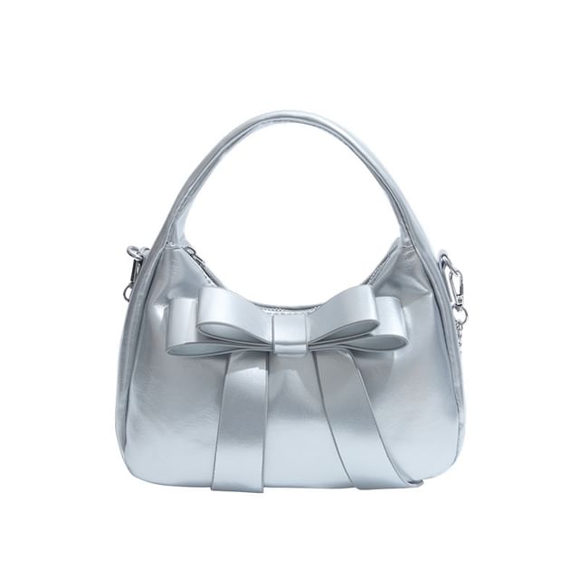 Faux Crossbody Accent Leather Bag Plain Bow Strap Chain