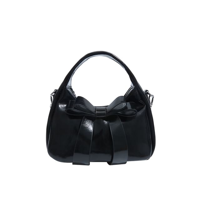 Faux Crossbody Accent Leather Bag Plain Bow Strap Chain