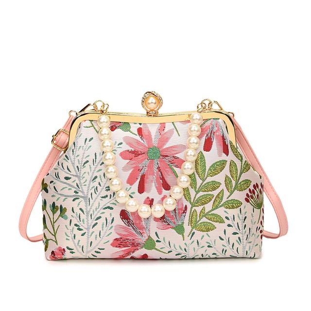 Bag Pearl Floral Crossbody Strap Faux Jacquard