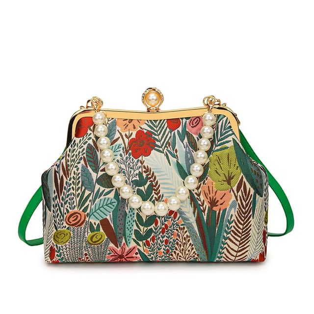 Bag Pearl Floral Crossbody Strap Faux Jacquard