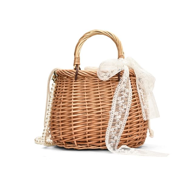 + Crossbody Faux Pearl Drawstring Bag Straw Set: Strap Scarf