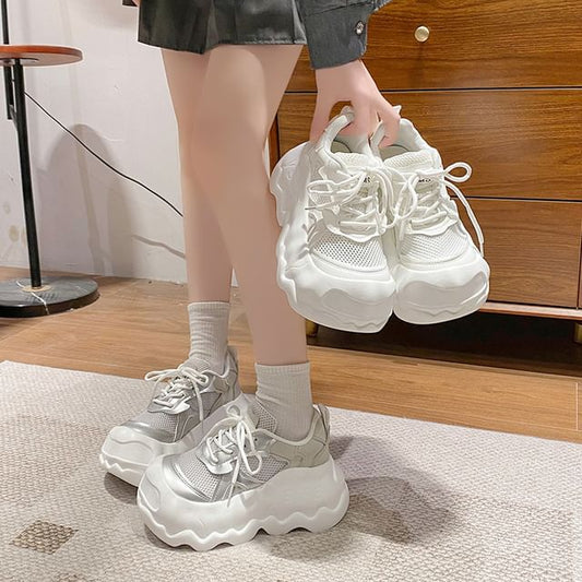 Panel Faux Mesh Lace-Up Leather Sneakers Platform