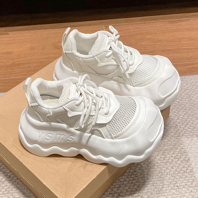 Panel Faux Mesh Lace-Up Leather Sneakers Platform