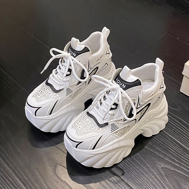 Sneakers Hidden Leather Wedge Lace-Up Rhinestone Faux