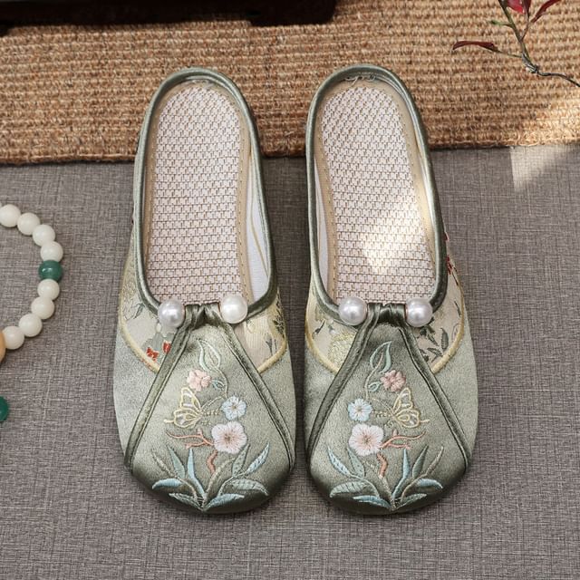 Faux Mules Pearl Embroidered Floral