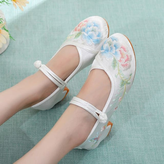 Block Embroidery Pumps Heel Floral