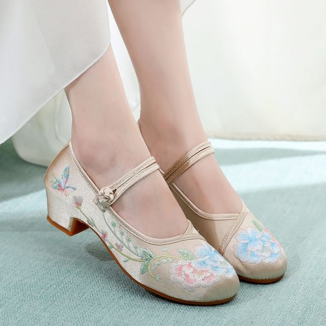 Block Embroidery Pumps Heel Floral