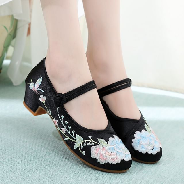 Block Embroidery Pumps Heel Floral