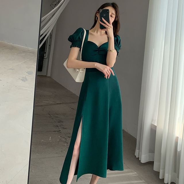 Slit Sweetheart A-Line Sleeve Midi Puff Neck Dress Plain