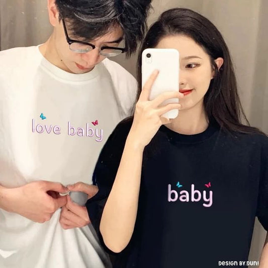 Couple Sleeve Neck Round Matching Print T-Shirt Short Lettering