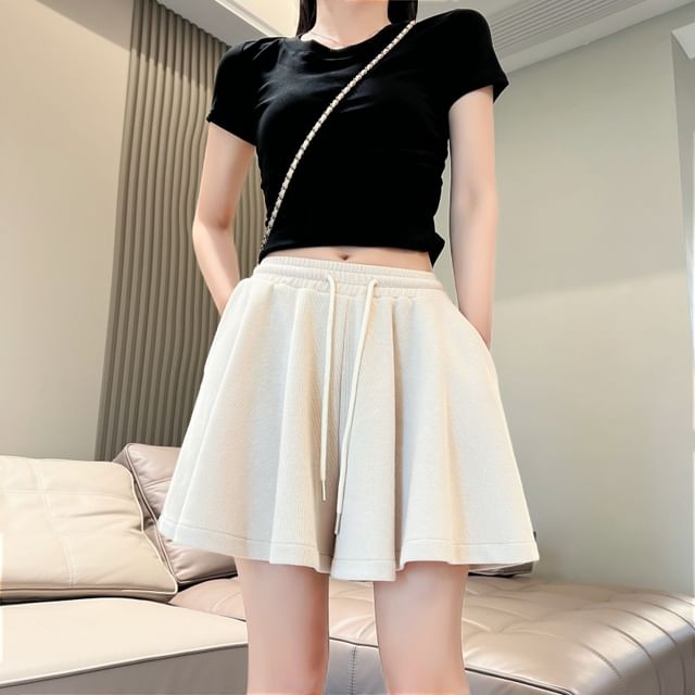 Drawstring Waist Plain Shorts Wide Leg