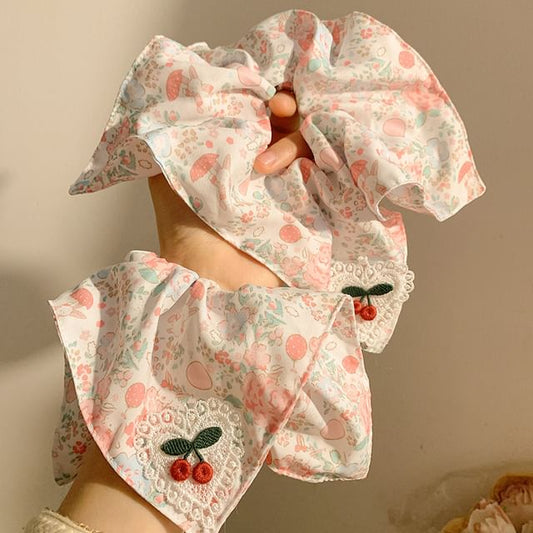 Floral Cherry Scrunchie Square Print Applique